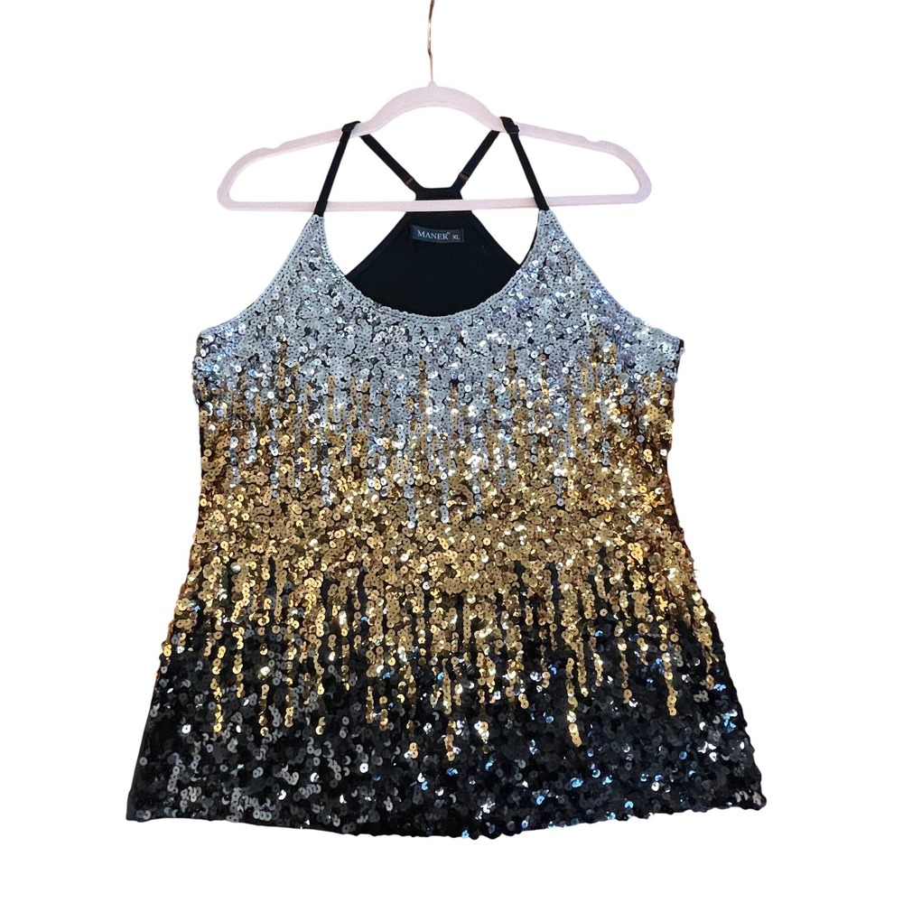 MANER Women's XL Sequin Tank Top‎ Silver Gold Black Ombre Adjustable Strap Party